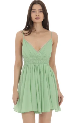 LUCY IN THE SKY Mini Dresses^Lace Trim V-Neck Dress In Green