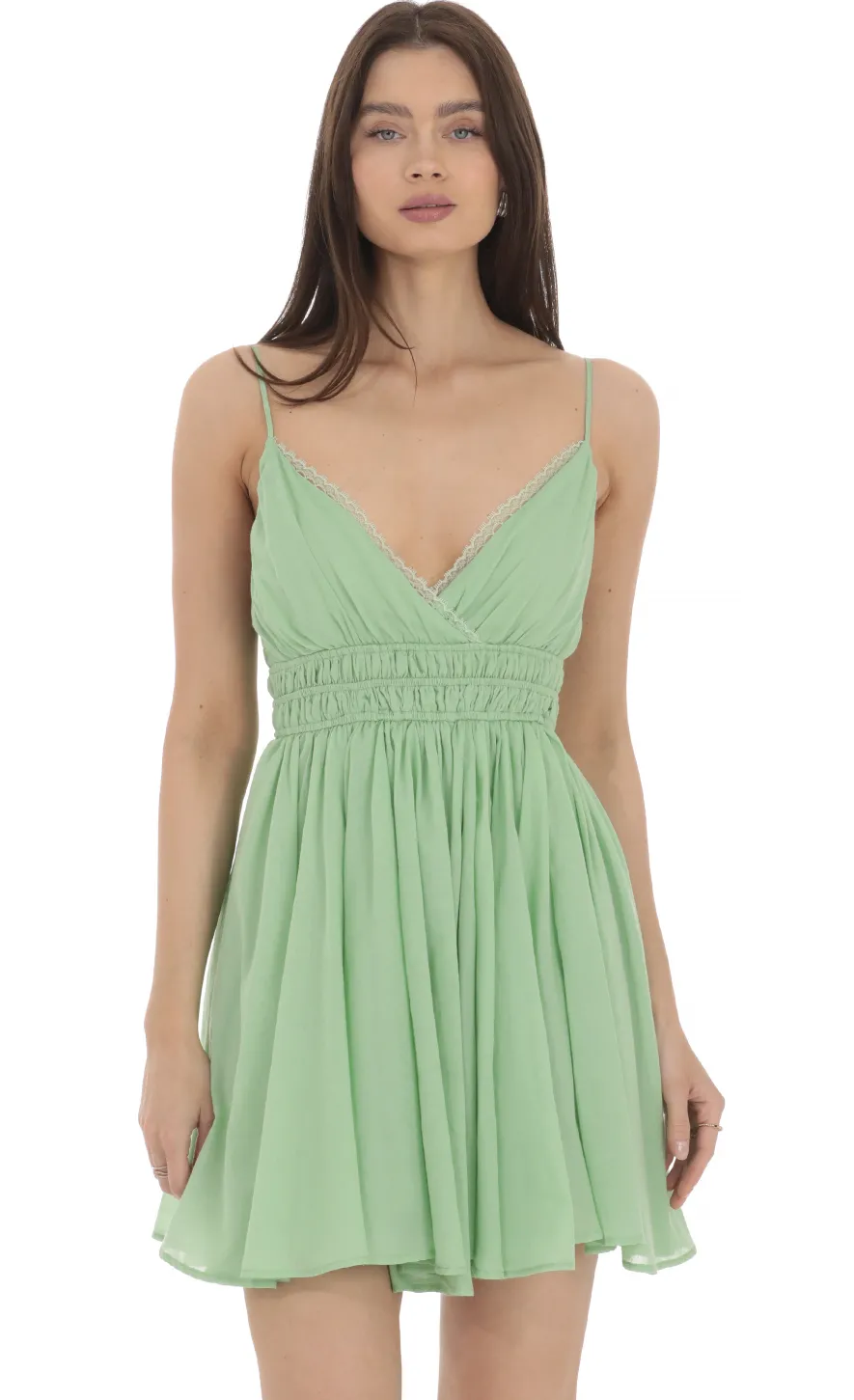 LUCY IN THE SKY Mini Dresses^Lace Trim V-Neck Dress In Green
