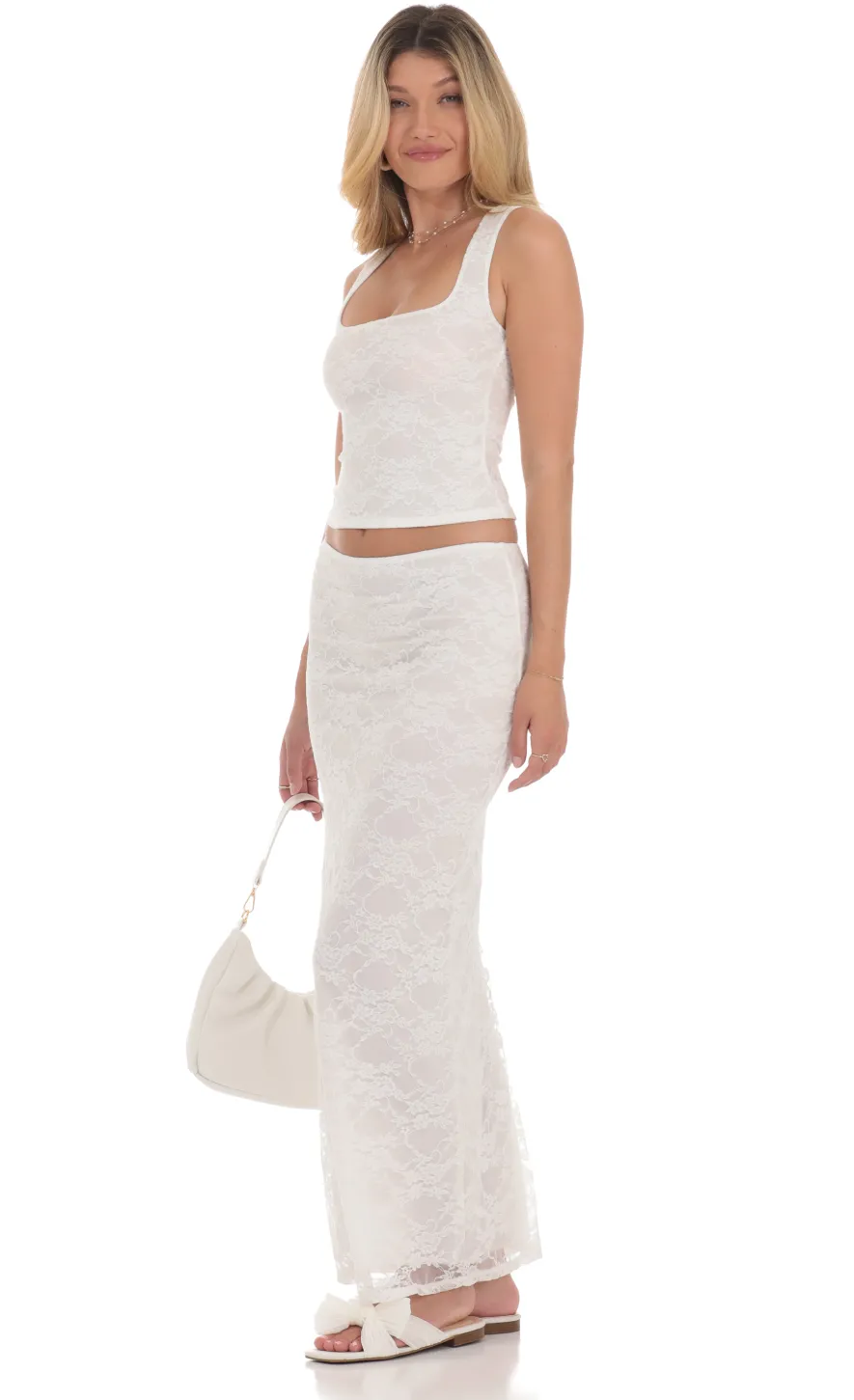 LUCY IN THE SKY Two-Piece Sets^Lace Two Piece Maxi Skirt Set In White