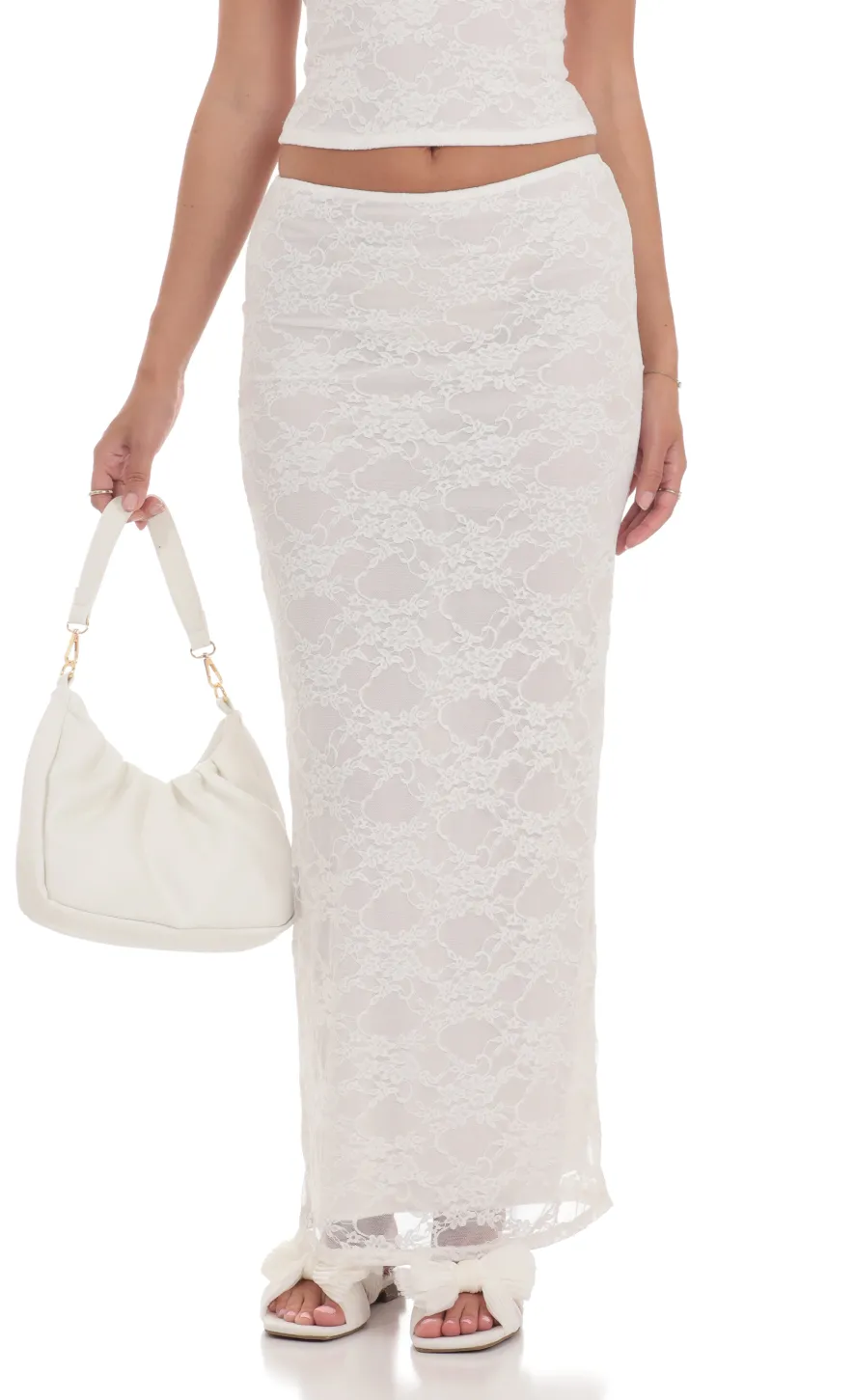 LUCY IN THE SKY Two-Piece Sets^Lace Two Piece Maxi Skirt Set In White