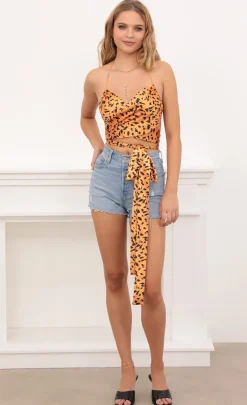 LUCY IN THE SKY Tops^Leopard Satin Bow Tie Top In Orange