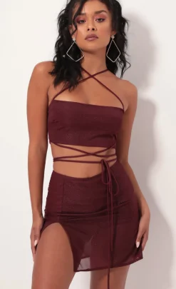 LUCY IN THE SKY Two-Piece Sets|Shorts^Leslie Shimmer Mesh Set In Burgundy
