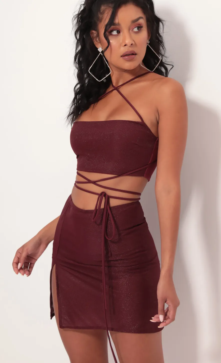 LUCY IN THE SKY Two-Piece Sets|Shorts^Leslie Shimmer Mesh Set In Burgundy