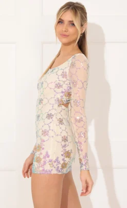 LUCY IN THE SKY Mini Dresses^Long Sleeve Bodycon Dress In Nude And Multicolor Sequin