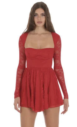 LUCY IN THE SKY Mini Dresses^Long Sleeve Lace A-line Dress In Red