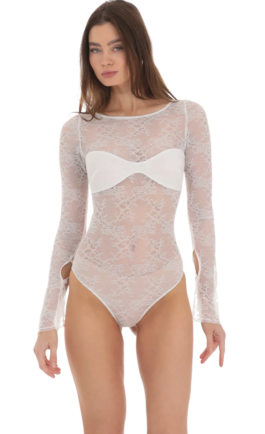 LUCY IN THE SKY Bodysuits^Long Sleeve Lace Bodysuit In White