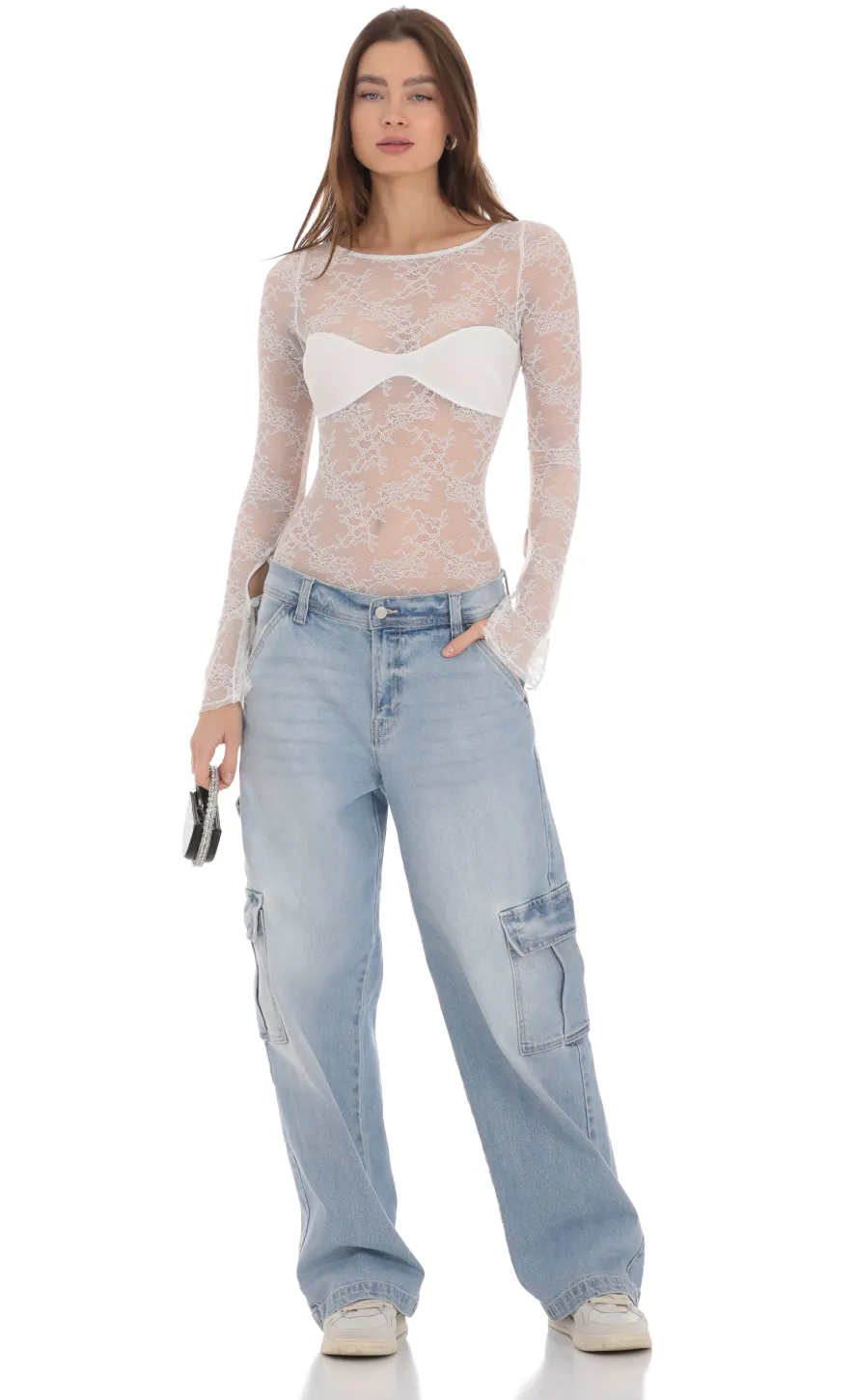 LUCY IN THE SKY Bodysuits^Long Sleeve Lace Bodysuit In White
