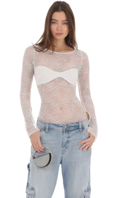 LUCY IN THE SKY Bodysuits^Long Sleeve Lace Bodysuit In White
