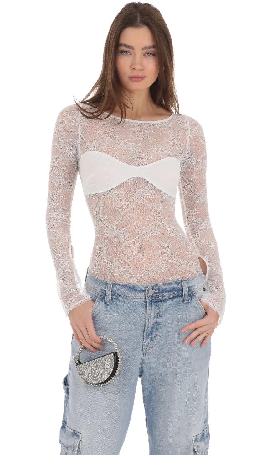 LUCY IN THE SKY Bodysuits^Long Sleeve Lace Bodysuit In White
