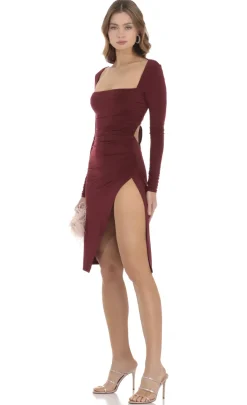 LUCY IN THE SKY Midi Dresses^Long Sleeve Open Back Midi Dress In Maroon