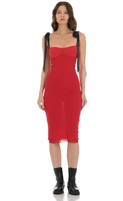 LUCY IN THE SKY Midi Dresses^Mesh Black Shoulder Ties Midi Dress In Red