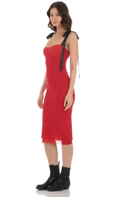 LUCY IN THE SKY Midi Dresses^Mesh Black Shoulder Ties Midi Dress In Red