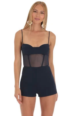 LUCY IN THE SKY Rompers^Mesh Corset Romper In Navy