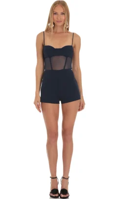 LUCY IN THE SKY Rompers^Mesh Corset Romper In Navy