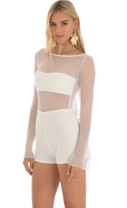LUCY IN THE SKY Rompers^Mesh Dotted Open Back Romper In White