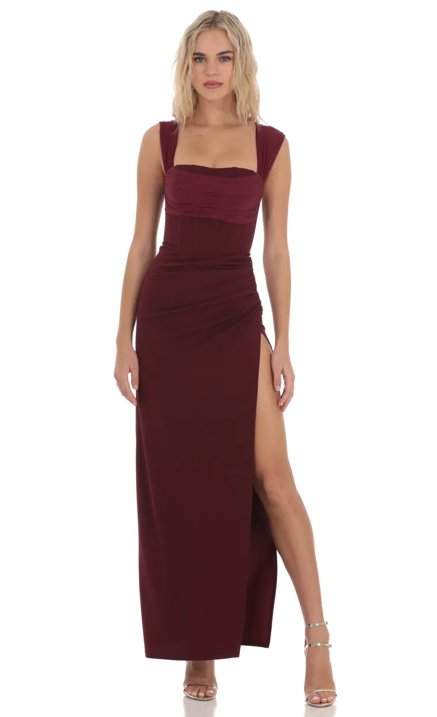 LUCY IN THE SKY Maxi Dresses^Mesh Draped Corset Maxi Dress In Burgundy