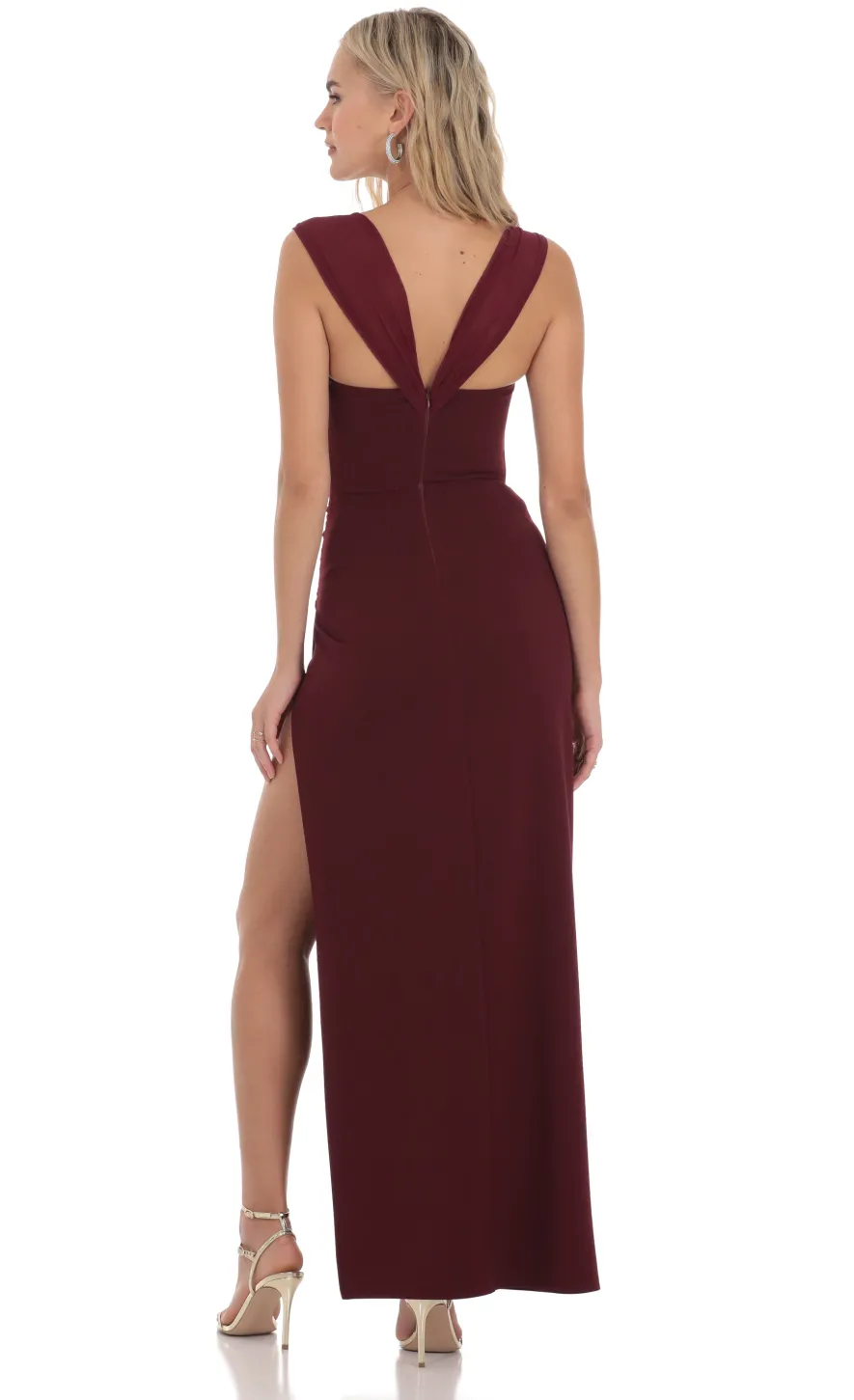 LUCY IN THE SKY Maxi Dresses^Mesh Draped Corset Maxi Dress In Burgundy