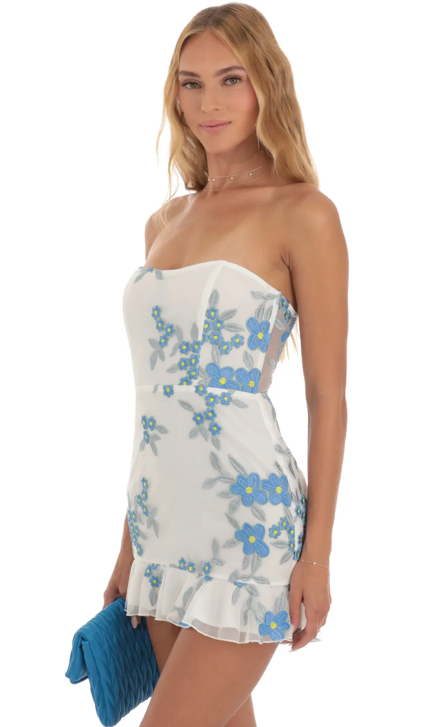 LUCY IN THE SKY Mini Dresses^Mesh Embroidered Corset Strapless Dress In White