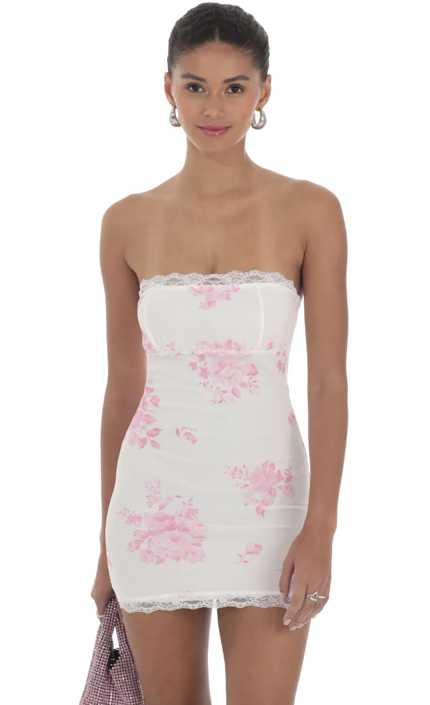 LUCY IN THE SKY Mini Dresses^Mesh Floral Lace Strapless Bodycon Dress In White