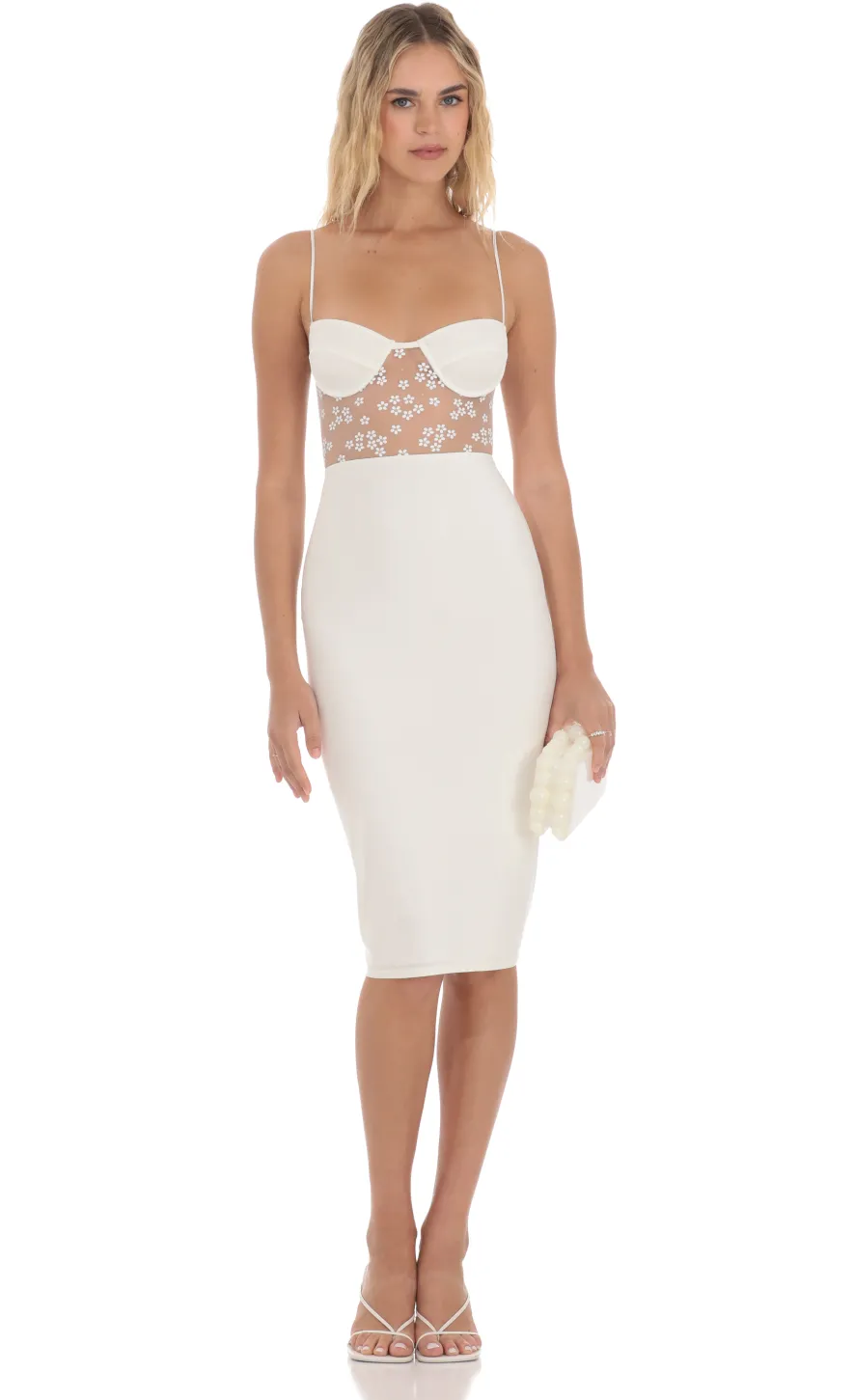 LUCY IN THE SKY Midi Dresses^Mesh Floral Shimmer Cutout Midi Dress In Ivory