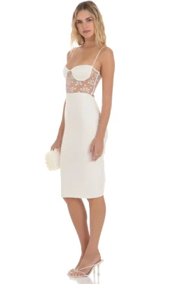 LUCY IN THE SKY Midi Dresses^Mesh Floral Shimmer Cutout Midi Dress In Ivory
