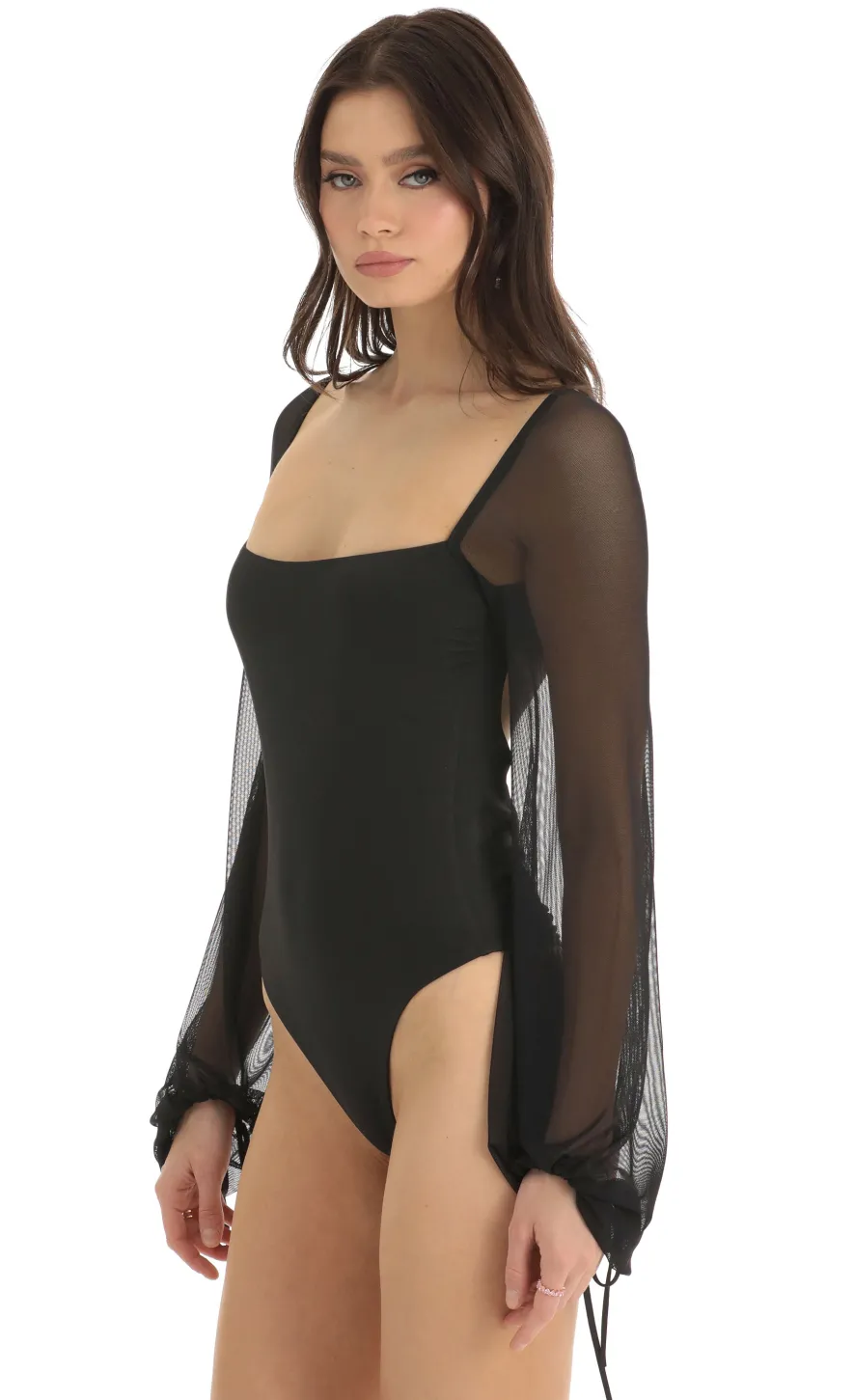 LUCY IN THE SKY Tops|Bodysuits^Mesh Long Sleeve Bodysuit In Black