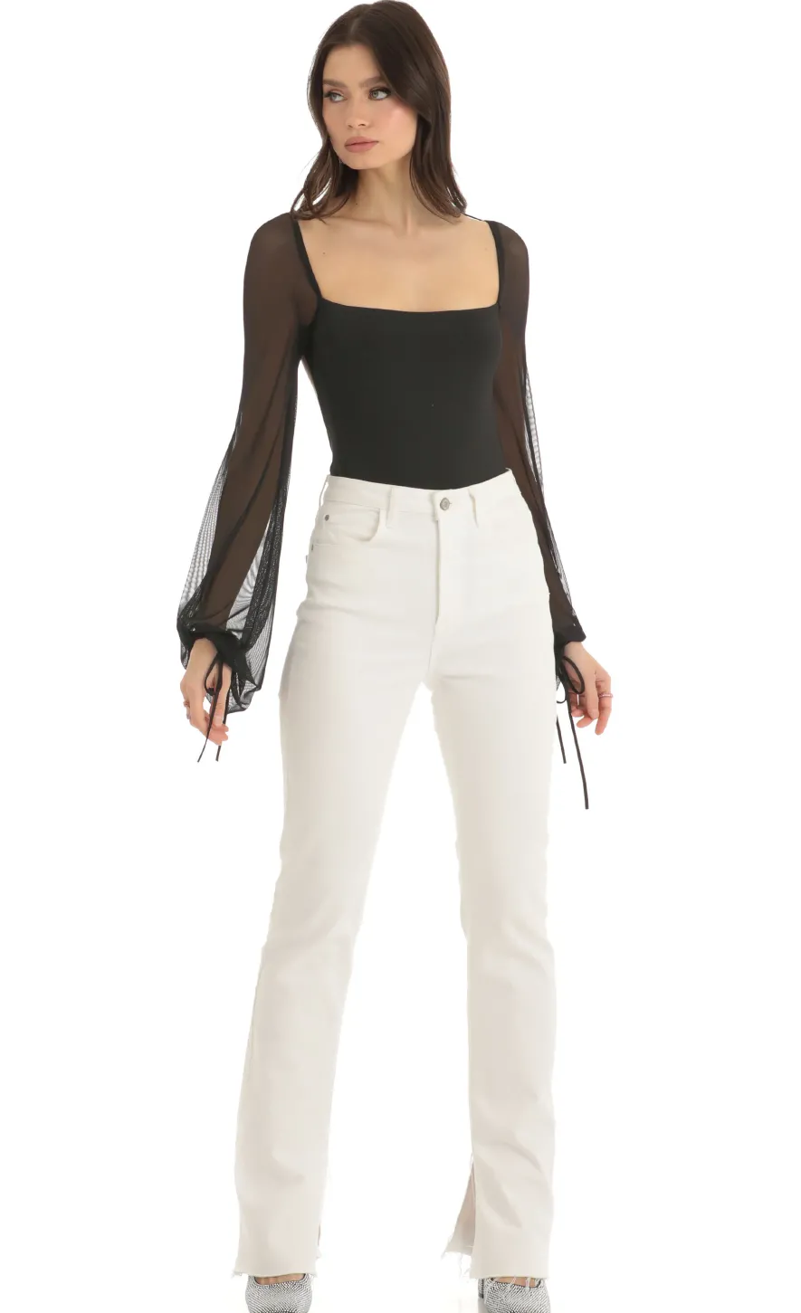 LUCY IN THE SKY Tops|Bodysuits^Mesh Long Sleeve Bodysuit In Black