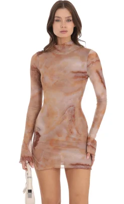 LUCY IN THE SKY Mini Dresses^Mesh Mock Neck Swirl Dress In Brown
