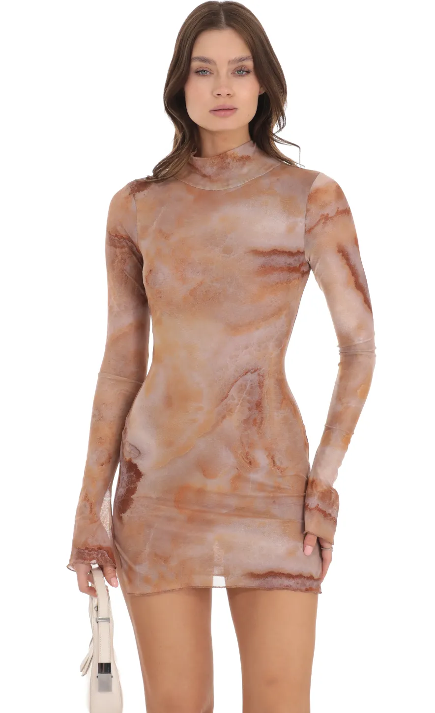 LUCY IN THE SKY Mini Dresses^Mesh Mock Neck Swirl Dress In Brown
