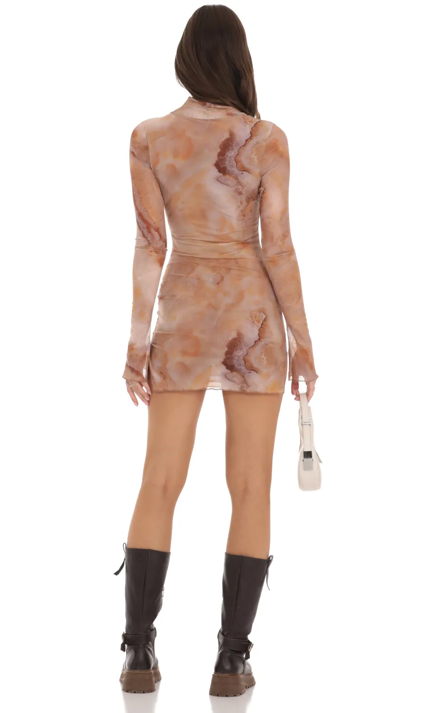 LUCY IN THE SKY Mini Dresses^Mesh Mock Neck Swirl Dress In Brown