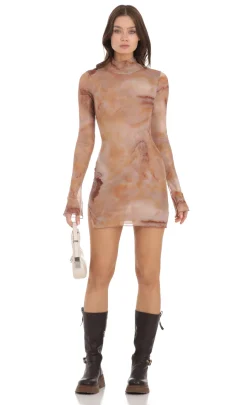 LUCY IN THE SKY Mini Dresses^Mesh Mock Neck Swirl Dress In Brown