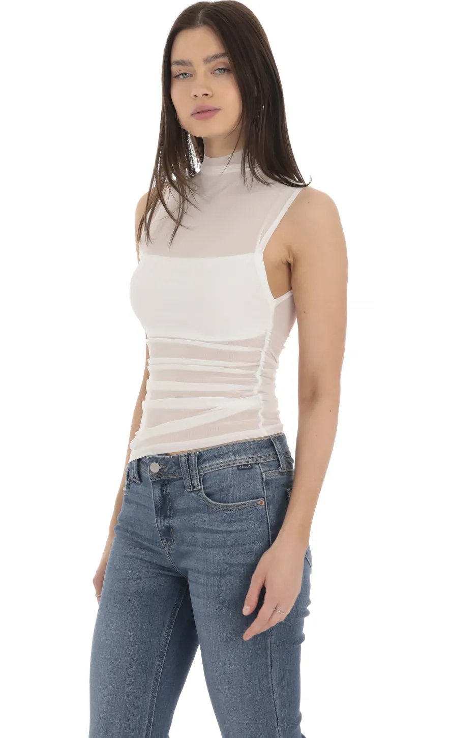 LUCY IN THE SKY Tops^Mesh Mock Neck Top In White