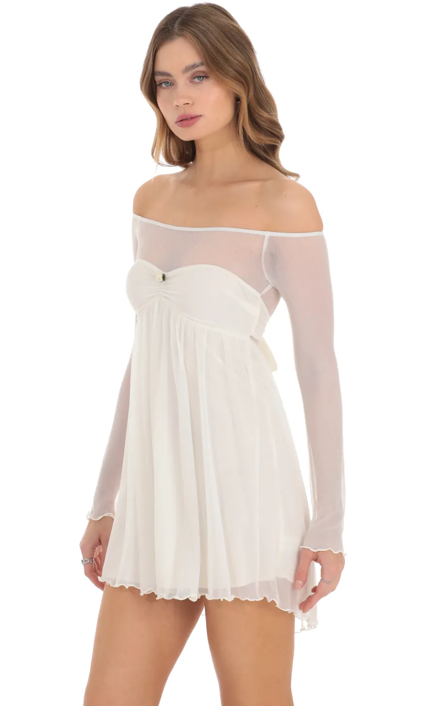 LUCY IN THE SKY Mini Dresses^Mesh Off Shoulder Babydoll Dress In Ivory