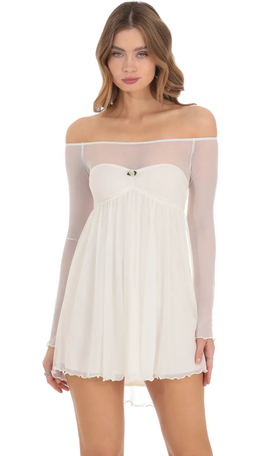 LUCY IN THE SKY Mini Dresses^Mesh Off Shoulder Babydoll Dress In Ivory
