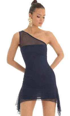LUCY IN THE SKY Mini Dresses^Mesh One Shoulder Dress In Navy