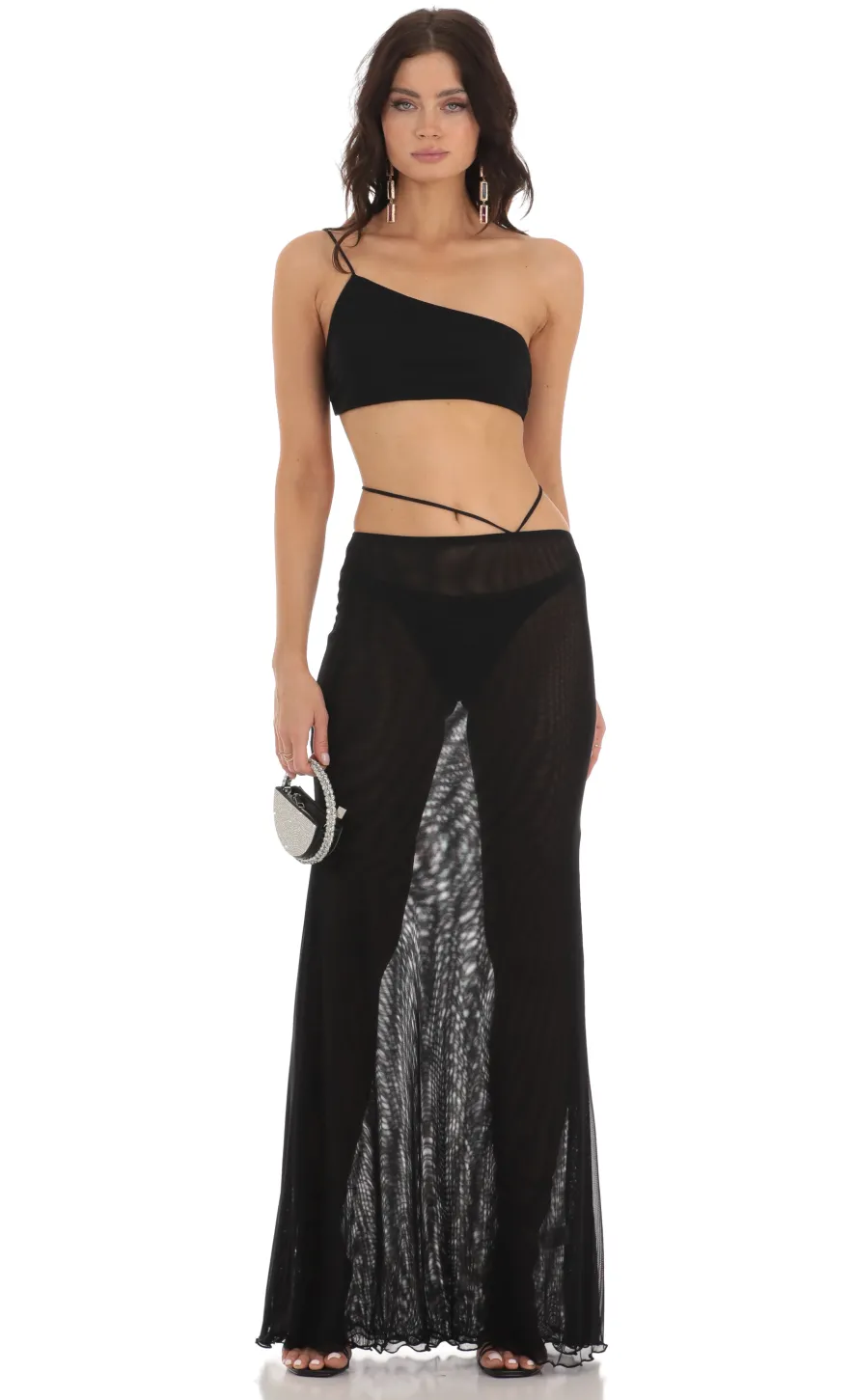LUCY IN THE SKY Two-Piece Sets^Mesh One Shoulder Two Piece Set In Black