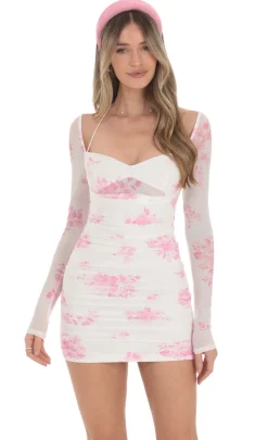 LUCY IN THE SKY Mini Dresses^Mesh Pink Floral Ruched Dress In White