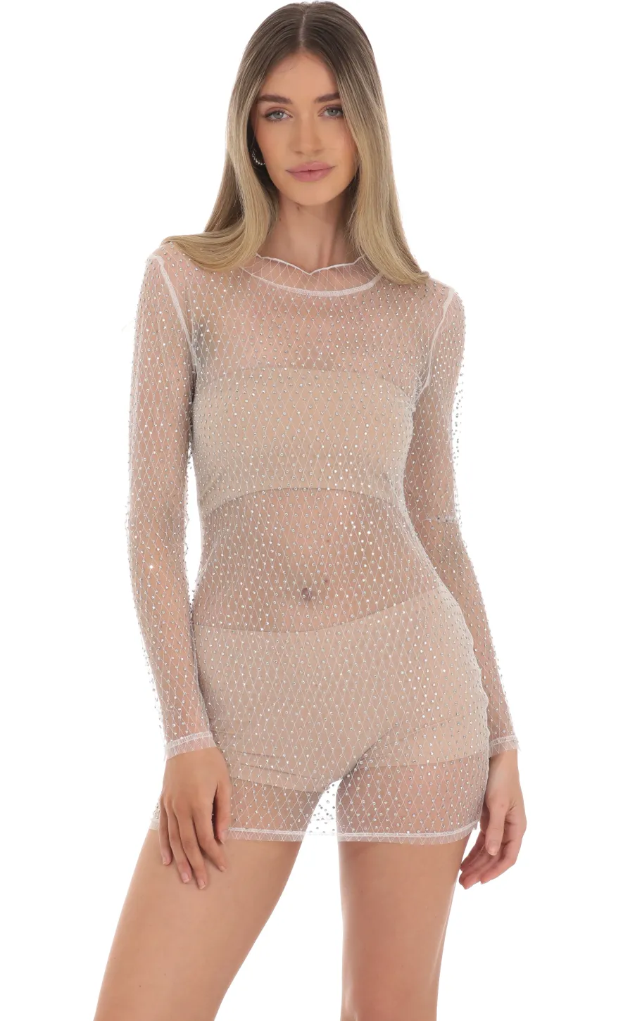 LUCY IN THE SKY Mini Dresses^Mesh Rhinstone Dress In White