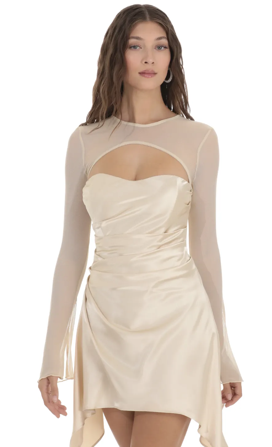 LUCY IN THE SKY Mini Dresses^Mesh Satin Cutout Dress In Champagne