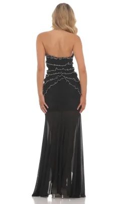 LUCY IN THE SKY Maxi Dresses^Mesh Strapless Ruffle Bodycon Maxi Dress In Black
