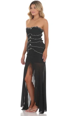 LUCY IN THE SKY Maxi Dresses^Mesh Strapless Ruffle Bodycon Maxi Dress In Black
