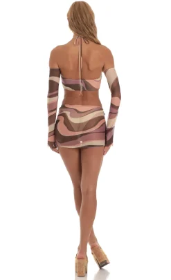 LUCY IN THE SKY Mini Dresses^Mesh Two Piece Set In Brown Swirl