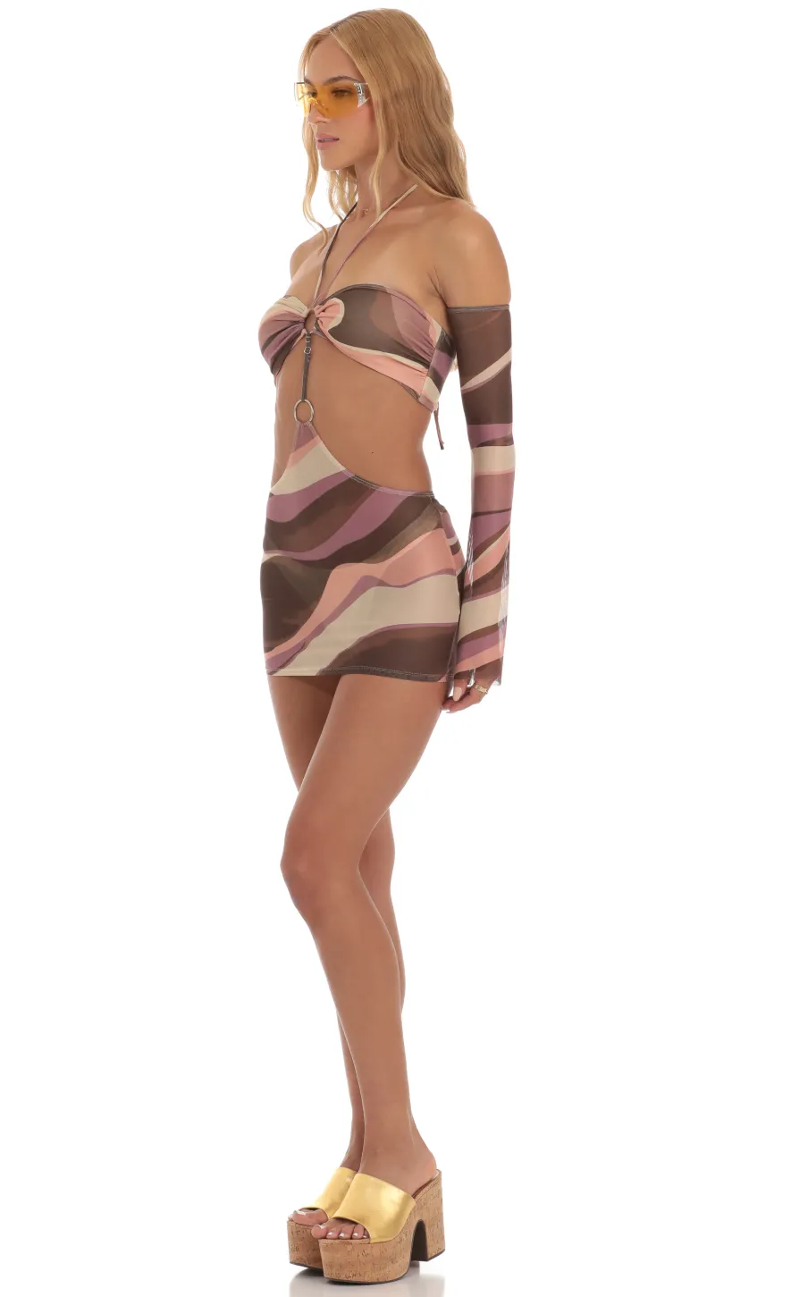 LUCY IN THE SKY Mini Dresses^Mesh Two Piece Set In Brown Swirl