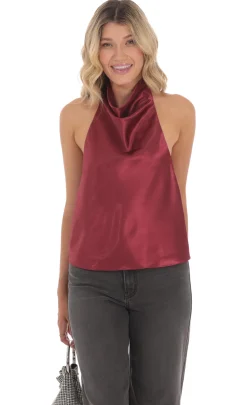 LUCY IN THE SKY Tops^Mock Neck Satin Top In Burgundy