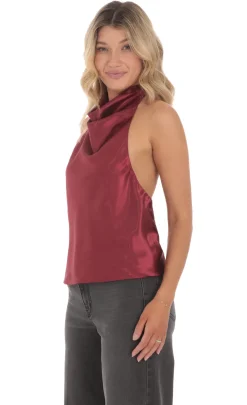 LUCY IN THE SKY Tops^Mock Neck Satin Top In Burgundy