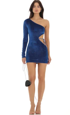 LUCY IN THE SKY Mini Dresses^Octavia Shimmer Velvet One Shoulder Dress In Blue
