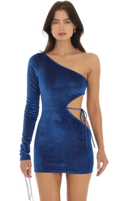 LUCY IN THE SKY Mini Dresses^Octavia Shimmer Velvet One Shoulder Dress In Blue