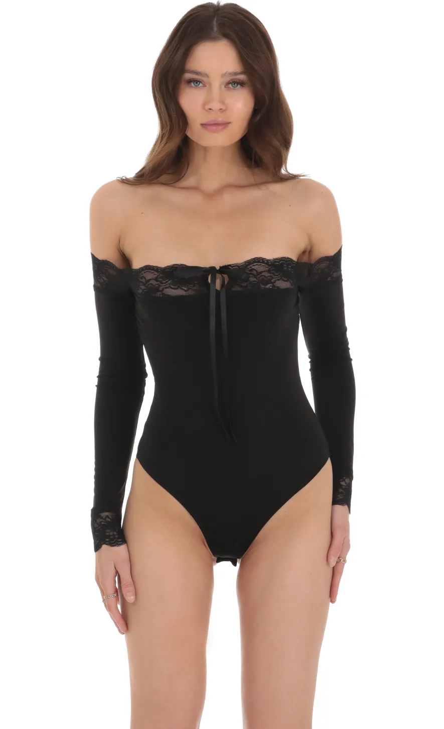 LUCY IN THE SKY Bodysuits^Off Shoulder Lace Bodysuit In Black