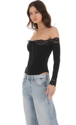 LUCY IN THE SKY Bodysuits^Off Shoulder Lace Bodysuit In Black