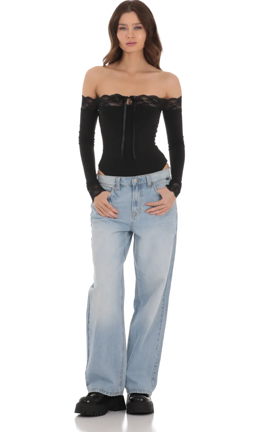LUCY IN THE SKY Bodysuits^Off Shoulder Lace Bodysuit In Black